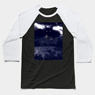 Digital collage and special processing. I am standing in field, and big, dark monster looking on me. Grayscale and blue dotted lines. Baseball T-Shirt